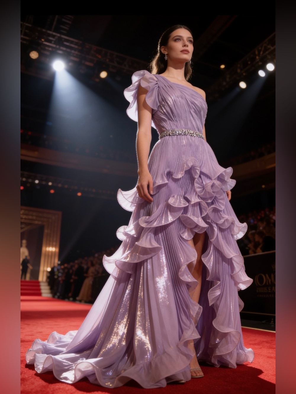 MAC DUGGAL 49696 
Lilac beaded waist pleated ruffle tiered prom dream gown Sz 2